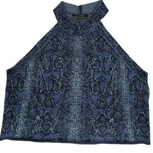 BCBG Maxazria Blue Snakeskin Halter Top Stretch Knit XL